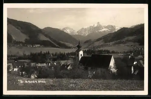 AK St. Gallen, Ortsansicht mit Kirche und Bergpanorama