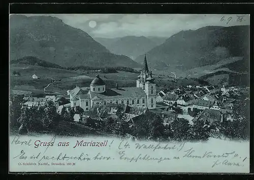 Mondschein-AK Mariazell, Ortsansicht aus der Vogelschau