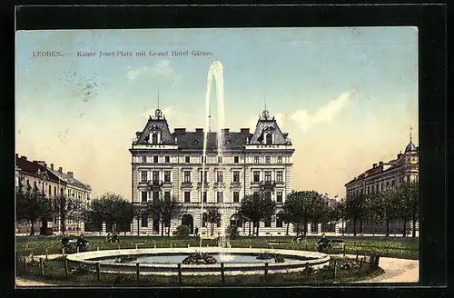 AK Leoben, Kaiser Josef-Platz mit Grand Hotel Gärner