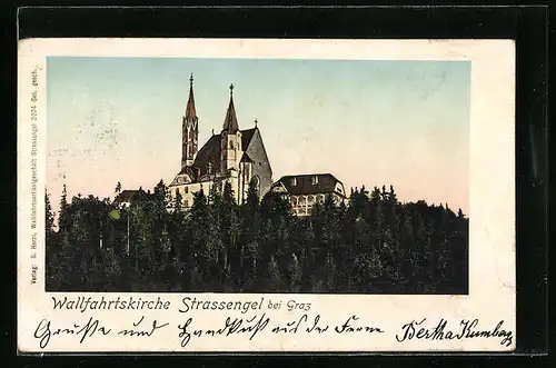 AK Strassengel, Wallfahrtskirche mit Bäumen