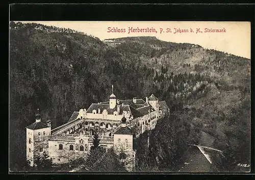 AK St. Johann b. H., Schloss Herberstein aus der Vogelschau