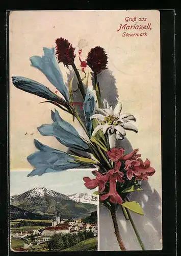 AK Mariazell, Ortsansicht aus der Vogelschau mit Blumen