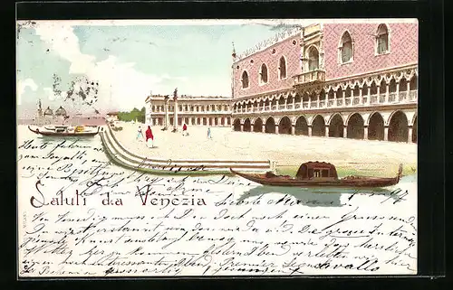 Lithographie Venezia, Platz mit Gondeliere
