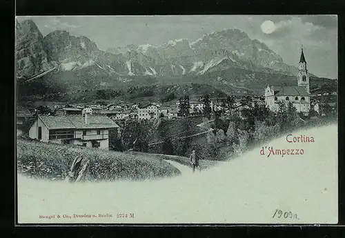 Mondschein-AK Cortina, Panorama mit Kirche