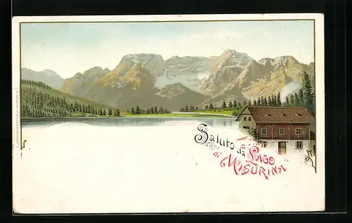 Lithographie Lago di Misurina, Panorama mit See und Hütte