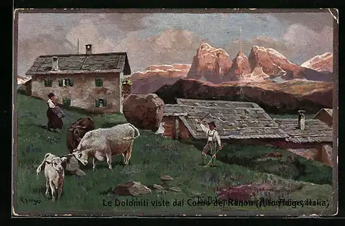 Künstler-AK Rudolf Alfred Höger: Dorfpartie mit Dolomiten