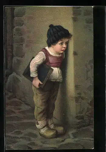 Künstler-AK Hermann Kaulbach: Junge mit Schultafel, Drückeberger