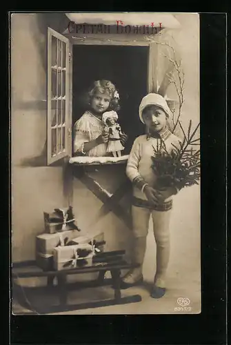 AK Kinder mit Schlitten und Puppe