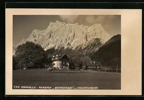 AK Ehrwald, Pension Buchenhain mit Zugspitzmassiv