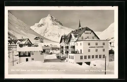 AK Galtür-Paznaun, Hotel Alpenhaus Fluchthorn und Ballunspitze im Schnee