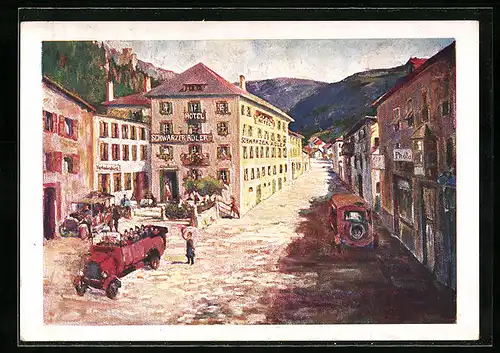 Künstler-AK Landeck, Hotel Schwarzer Adler und Strassenansicht
