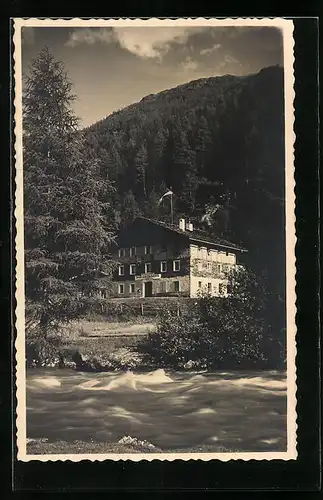 AK St. Jakob, Gasthof Bad Grünmoos mit Almerhorn und Hochgall