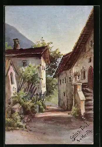 Künstler-AK Grins, Alte Häuser im Dorf