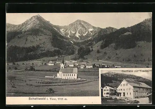 AK Schattwald, Totalansicht gegen Alpen, Gasthaus zur Traube