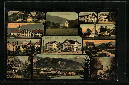 AK Kundl, Panorama, Pfarrkirche, Alte Post, Gasthaus Kundler Klamm