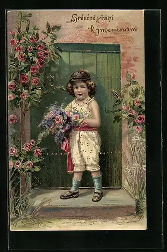 AK Kleiner Gratulant mit Blumenstrauss