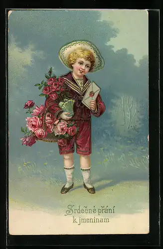 AK Kleiner Gratulant mit Rosen und Brief