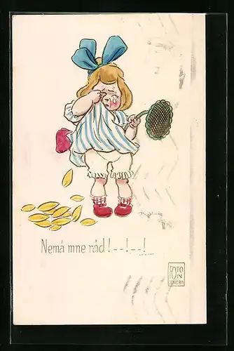 Künstler-AK Mädchen weint über verwelkende Sonnenblume