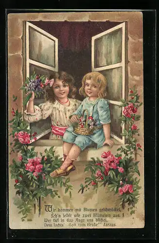 Präge-AK Kinder mit Blumenkörben auf der Fensterbank
