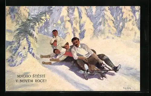 AK Schlittenfahrt zwischen schneebedeckten Tannen