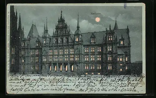 Mondschein-AK Wiesbaden, Rathaus, Halt gegen das Licht mit leuchtenden Fenstern und leuchtendem Mond