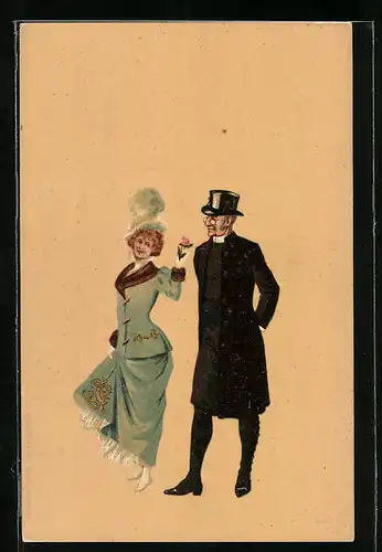 AK Eleganter Herr mit Zwicker und Frau, Optik