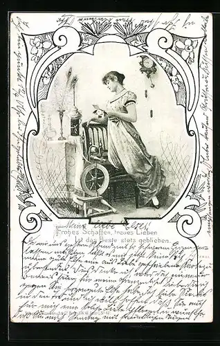 Foto-AK Junge Dame mit einem Brief am Spinnrad, Passepartout