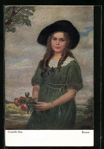 Künstler-AK Corneille Max: Junge Frau im grünen Kleid mit Rosen