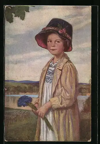 Künstler-AK Corneille Max: Junge Dame mit Kornblumen