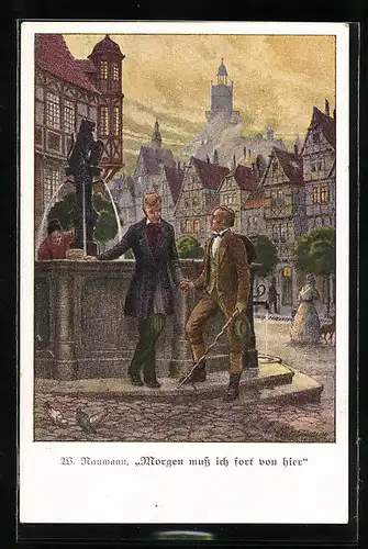 AK Zwei Wandervögel unterhalten sich am Brunnen