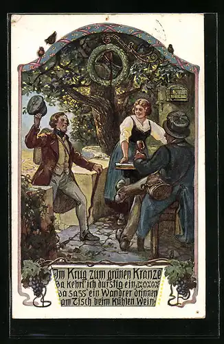 AK Volksliedkarte: Wanderer im Gasthaus Krug zum grünen Kranze