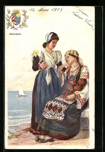 Künstler-AK Adolf Karpellus: Küstenland, Zwei Frauen in Tracht, Wappen