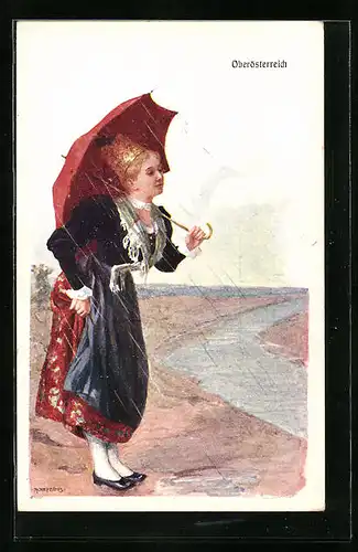 Künstler-AK Adolf Karpellus: Oberösterreich, Frau in Tracht mit Regenschirm