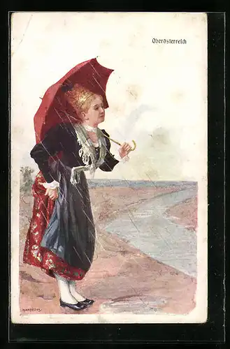 Künstler-AK Adolf Karpellus: Oberösterreich, Frau in Tracht mit Regenschirm