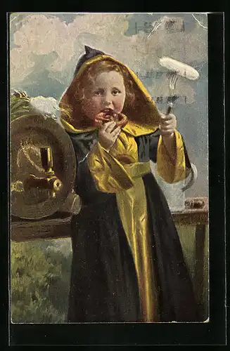 AK Münchner Kindl mit Brezel und Weisswurst am Bierfass