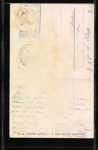 AK Münchner Kindl mit Brezel und Weisswurst am Bierfass