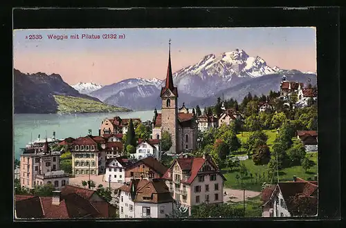 AK Weggis, Ortspartie mit Kirche und Pilatus