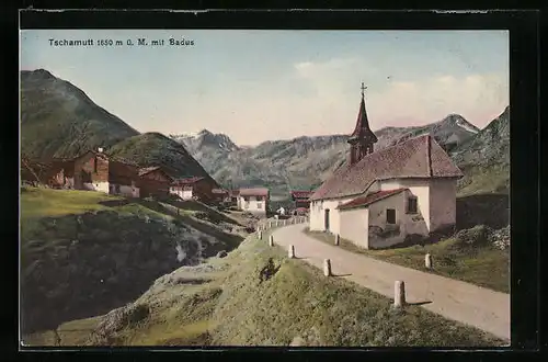 AK Tschamutt, Panorama mit Kirche und Badus