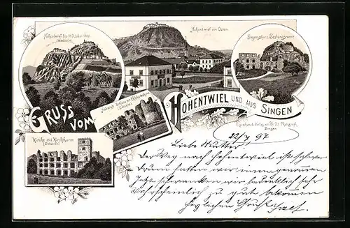 Lithographie Singen, Hohentwiel von Osten, Hadwigs Schloss