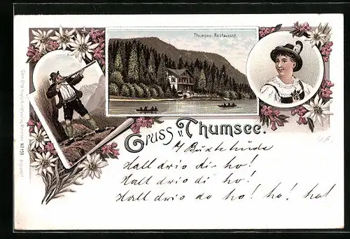 Lithographie Thumsee, Restaurant am Ufer, Jäger