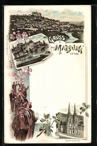 Lithographie Marburg a. d. Lahn, Universität und Schloss, Elisabeth-Kirche