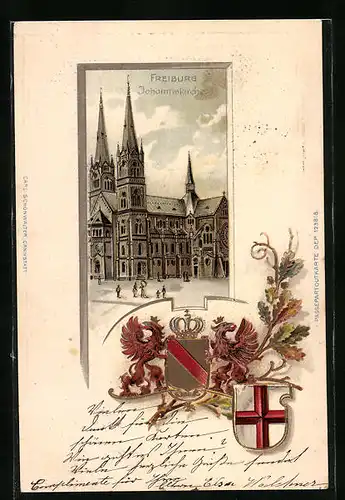Passepartout-Lithographie Freiburg, Darstellung der Johanniskirche, Wappen