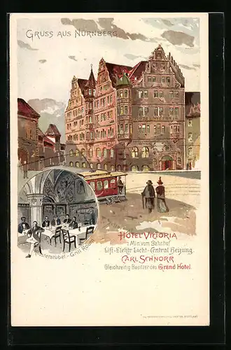 Künstler-AK P. Schmohl: Nürnberg, Hotel Victoria und Strassenbahn, Klosterstübel