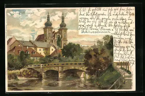 Künstler-AK Carl Münch: Donaueschingen, Ortsansicht mit Kirche