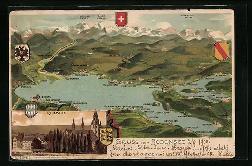 Lithographie Konstanz, Ortsansicht mit Bodensee