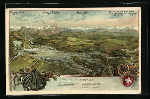 Präge-AK Lindau, Ortsansicht mit Bodensee, Landkarte