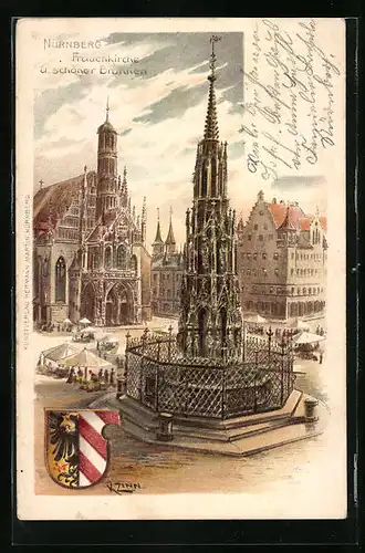 Lithographie Nürnberg, Frauenkirche und schöner Brunnen mit Wappen