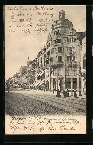 AK Karlsruhe, Kaiserstrasse mit Hotel Erbprinz