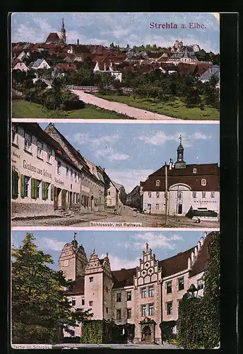 AK Strehla a. E., Ortsansicht mit Gasthaus zum Schwan und Schlossstrasse