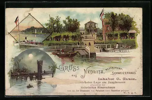 Künstler-AK Nedlitz, Restaurant Schweizerhaus am Jungfernsee, Uferpartie mit Dampfer, Brücke bei Mondschein